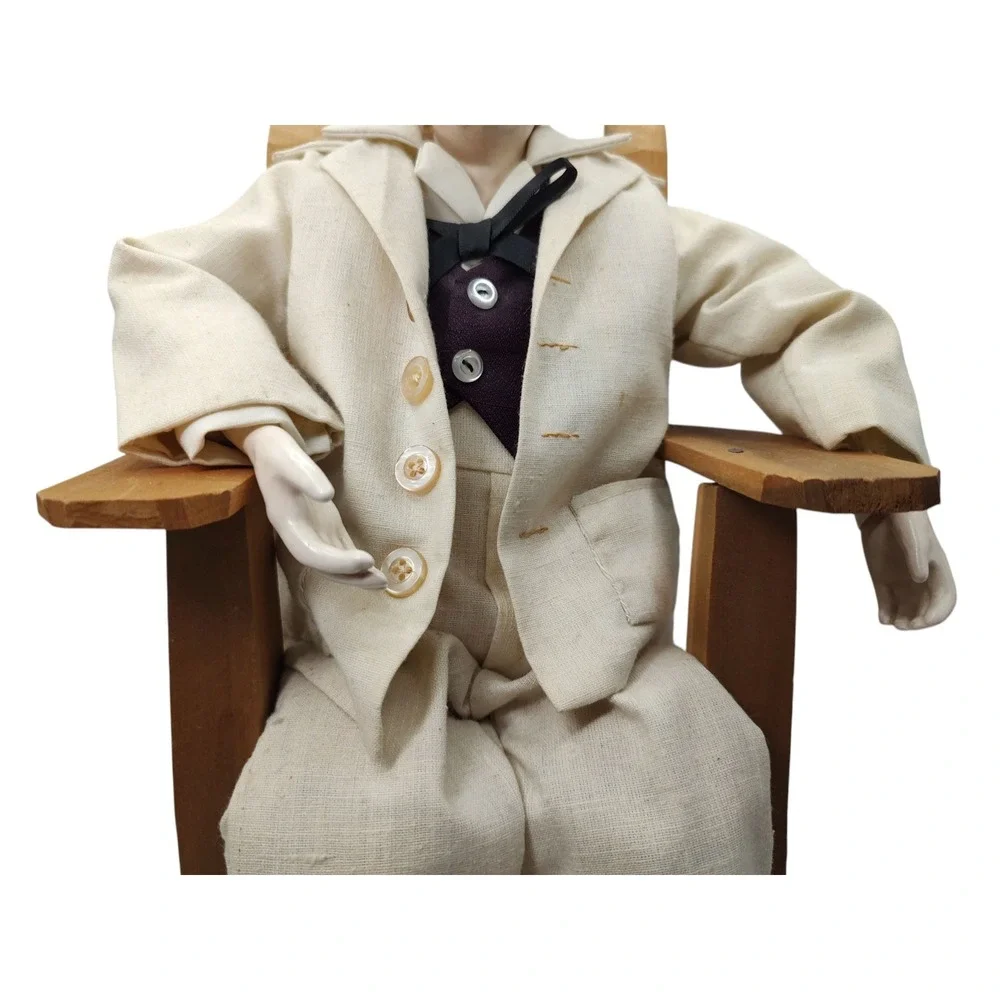 Vintage Handmade Mark Twain Porcelain Doll Complete Outfit Sitting In Chair‎